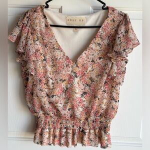 Women’s size Large Upcycled Pink Floral Ruffle Sleeve Top